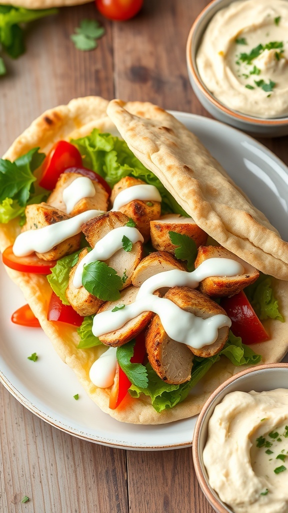 Stuffed pita bread with grilled chicken and vegetables, served with hummus on a rustic table.